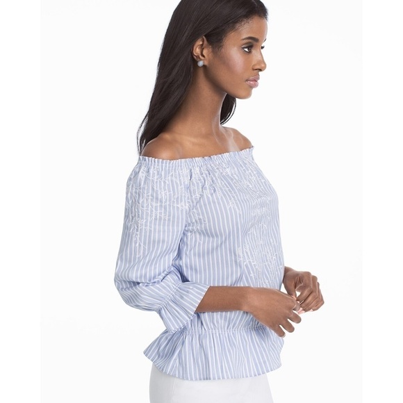 NWT WHBM Off-The-Shoulder Embroidered Stripe Cotton Top - Picture 3 of 11